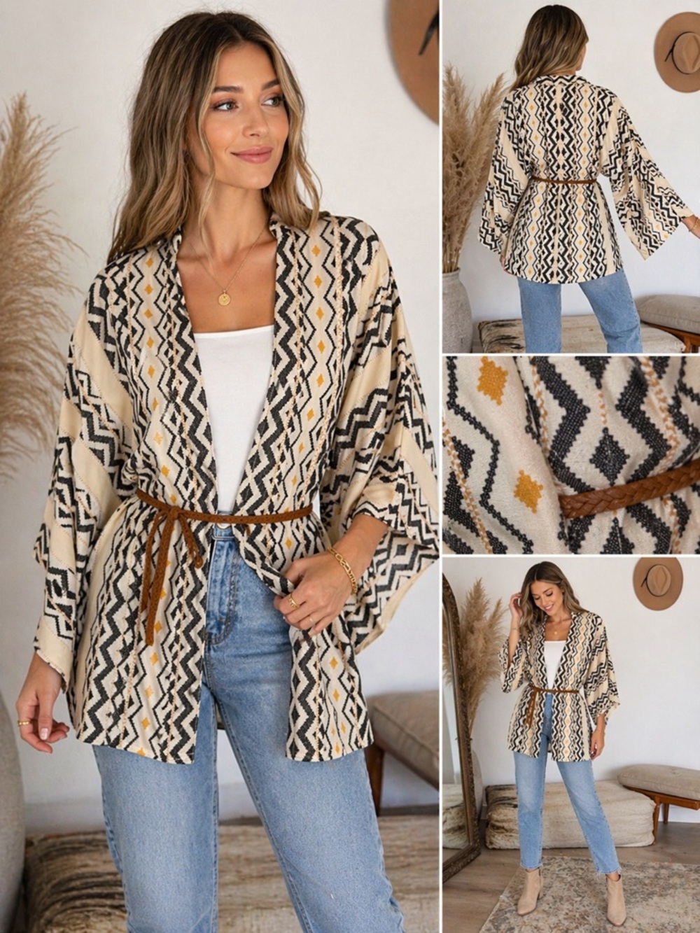 By Design Boho Aztec Tribal Kimono Cardigan Belted Cotton Wrap OS NWT